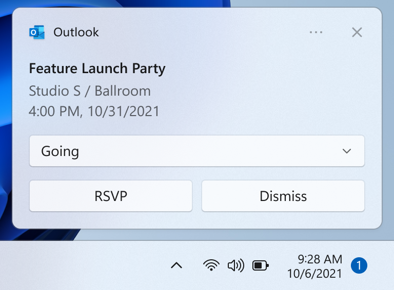 Screenshot ritagliato del desktop che mostra una notifica con elementi del pulsante.