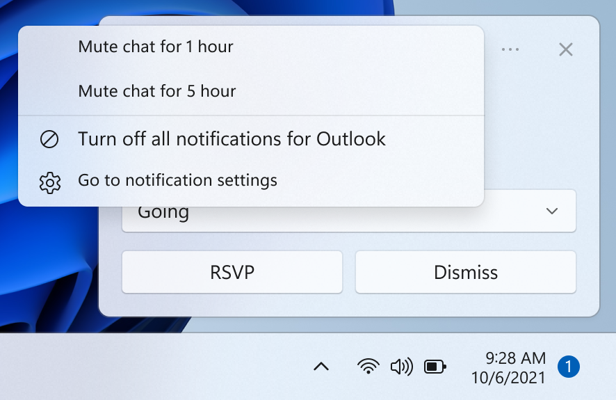 Screenshot del desktop ritagliato che mostra una notifica con un menu contestuale.