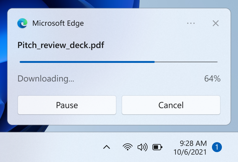 Screenshot del desktop ritagliato che mostra una notifica con una barra di avanzamento.