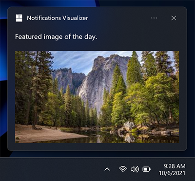 Screenshot di una notifica dell'app che mostra il posizionamento predefinito dell'immagine, in linea, riempiendo l'intera larghezza dell'area visiva.