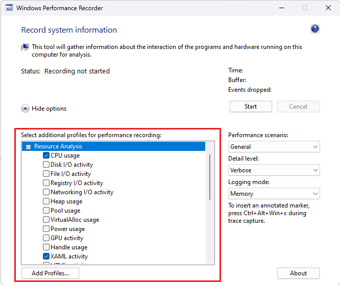 Screenshot del Registratore delle Prestazioni di Windows con l'uso della CPU e i profili di attività XAML selezionati.