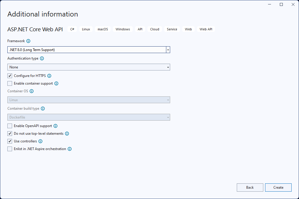Uno screenshot dei dettagli della creazione di un nuovo progetto di Visual Studio per un progetto API Web ASP.NET Core