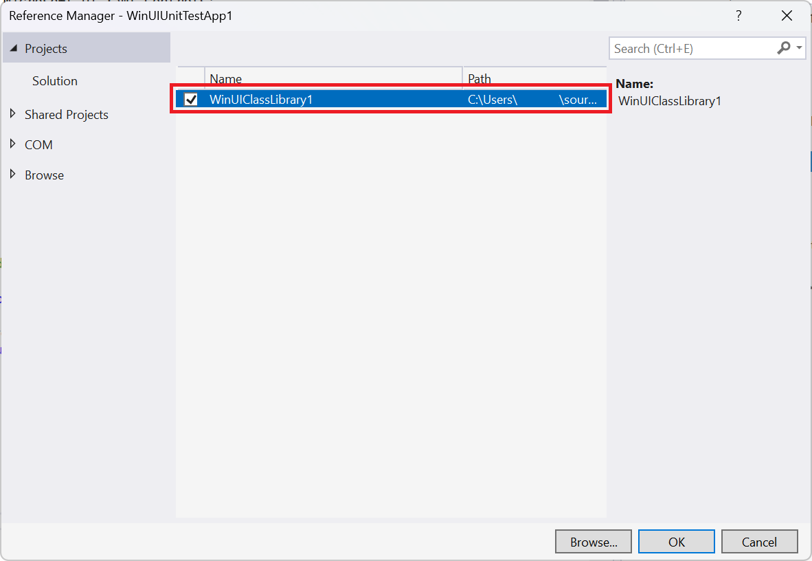 Screenshot della finestra di dialogo Gestione riferimenti con il progetto 'WinUIClassLibrary1' selezionato.