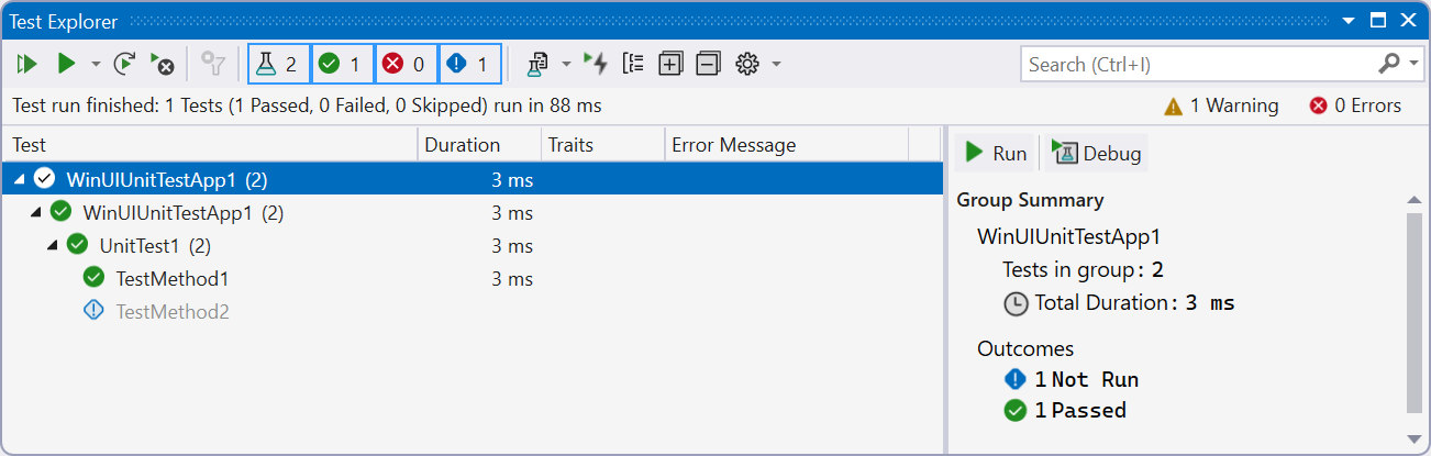 Screenshot della finestra Esplora test in Visual Studio che mostra i risultati dell'esecuzione del test.
