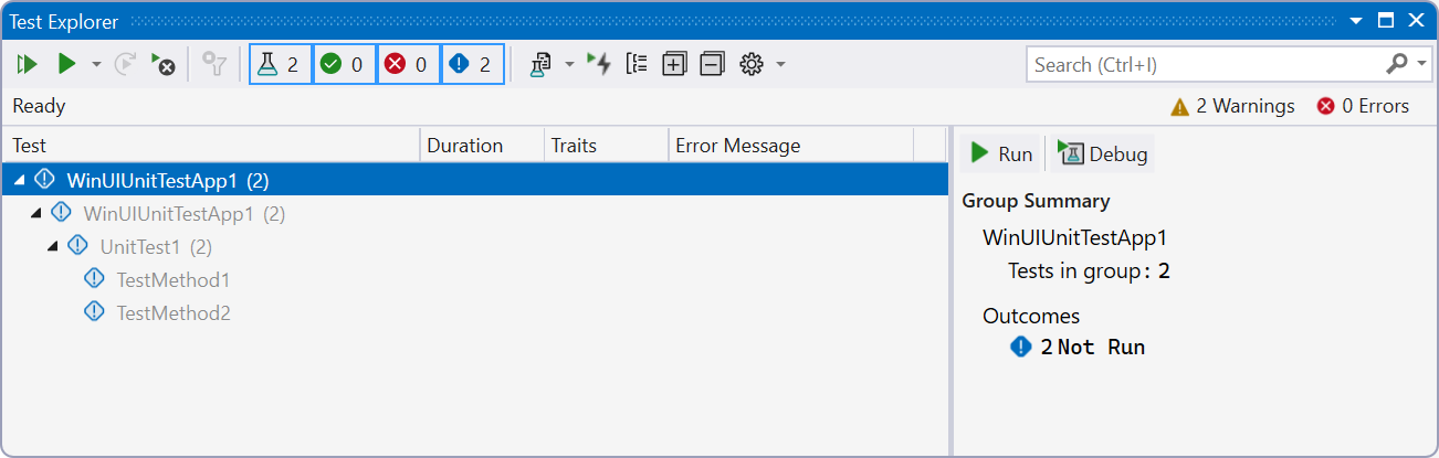 Screenshot della finestra Esplora test in Visual Studio che mostra i test di esempio predefiniti.