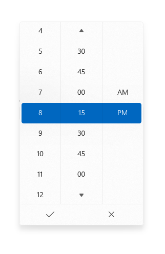 Selettore orario che mostra incrementi di 15 minuti.