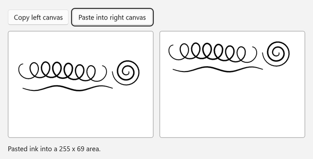 pulsanti Copia nell'area di disegno sinistra e Incolla nell'area di disegno destra sopra due aree di disegno bianche che mostrano gli stessi tratti ciclici, a spirale e ondulati. Il testo sotto riporta Input penna incollato in un'area di 255 x 69.