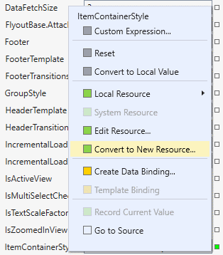 Menu delle proprietà di Visual Studio