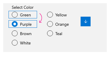 Esempio di spostamento da tastiera verticale in un gruppo RadioButtons a righe/colonne multiple