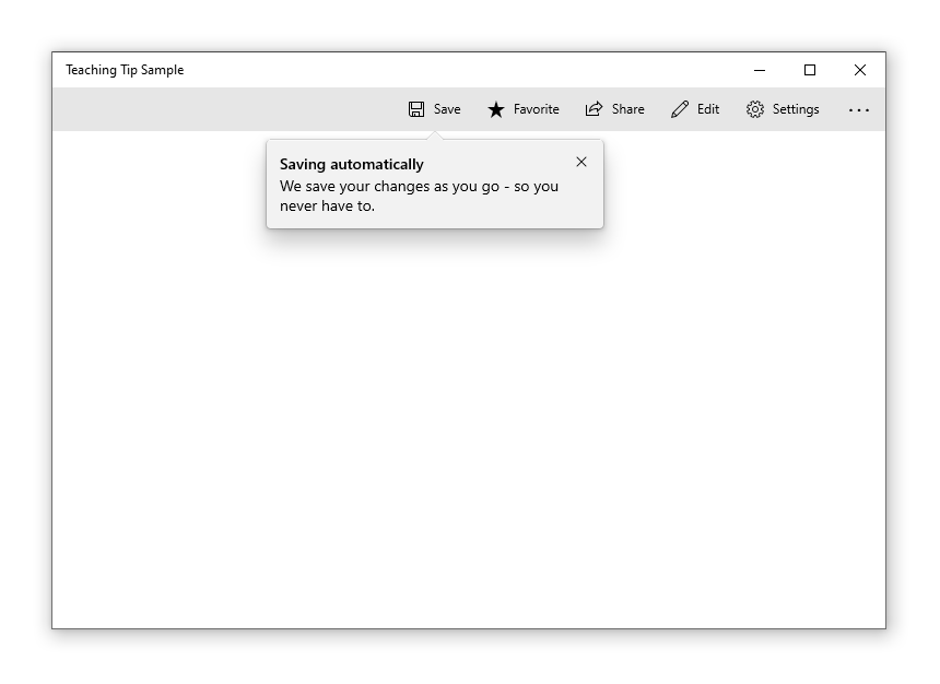 Un'app di esempio con un suggerimento didattico rivolto al pulsante salva. Il titolo del suggerimento dice 