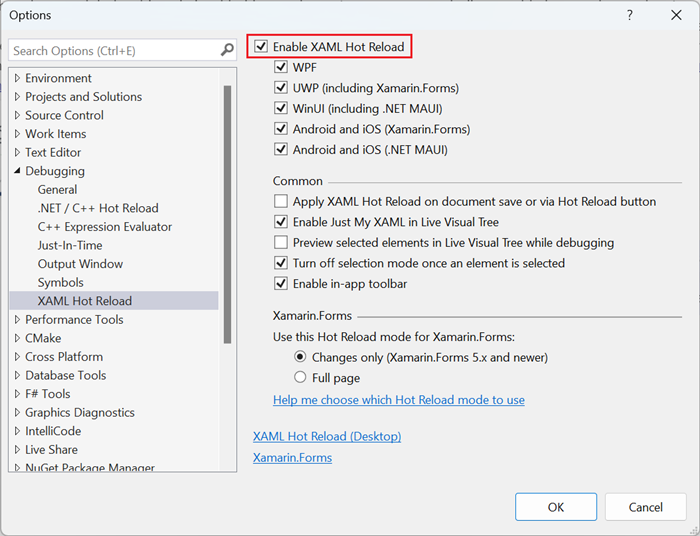 Screenshot della finestra di dialogo delle opzioni di debug di Visual Studio con 