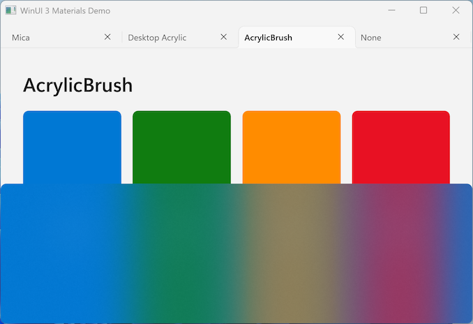 Screenshot di un'app WinUI 3 con AcrilicBrush applicato, che mostra un pannello traslucente che sfoglia il contenuto XAML all'interno della finestra dell'app.