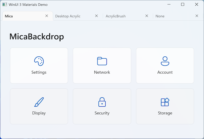 Screenshot di un'app WinUI 3 con MicaBackdrop applicato, che mostra un sottile sfondo blu-grigio colorato dallo sfondo desktop dell'utente.