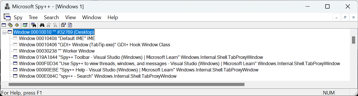 Screenshot della finestra dell'applicazione Spy++.