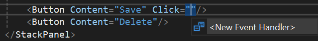 Uno screenshot dell'interfaccia utente di Visual Studio che completa automaticamente il nuovo gestore eventi nell'editor XAML