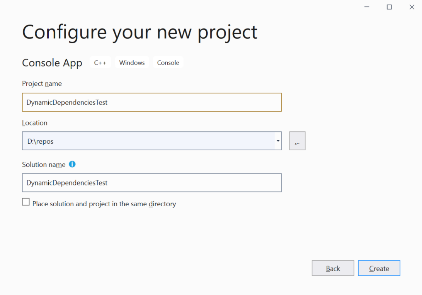 Screenshot per la denominazione di una nuova app C++ in Visual Studio