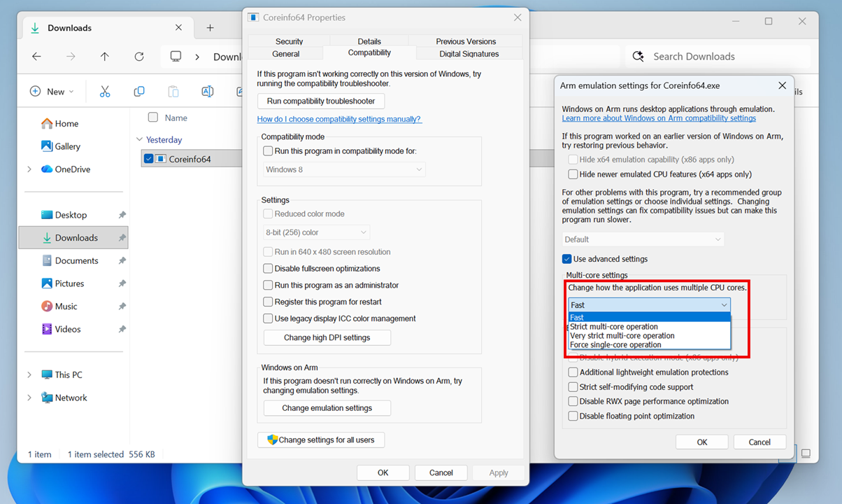 Screenshot delle impostazioni multi-core
