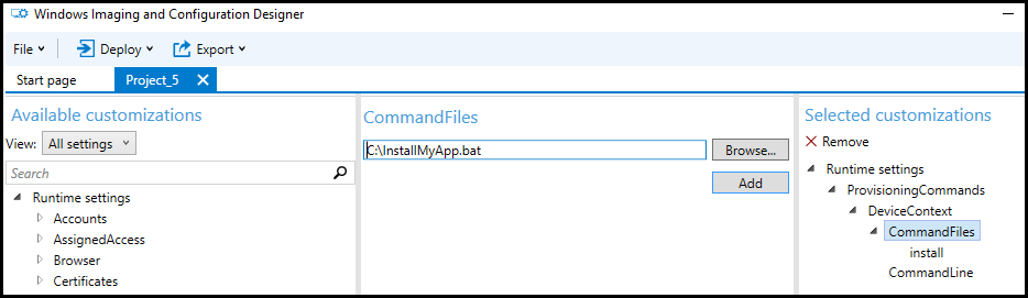 File di comando in Personalizzazioni selezionate.