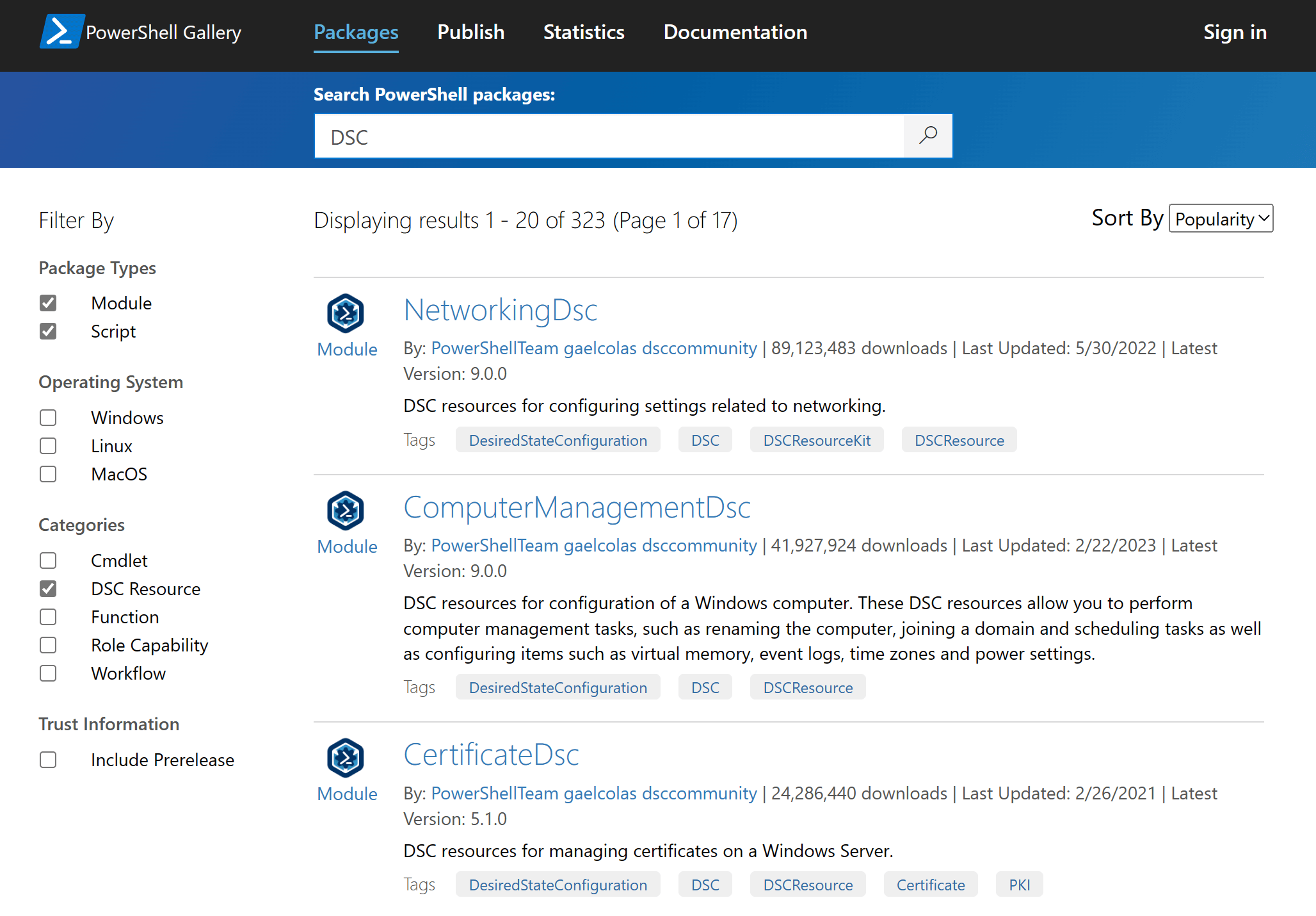 Risultati della ricerca del modulo PowerShell Desired State Configuration dalla PowerShell Gallery