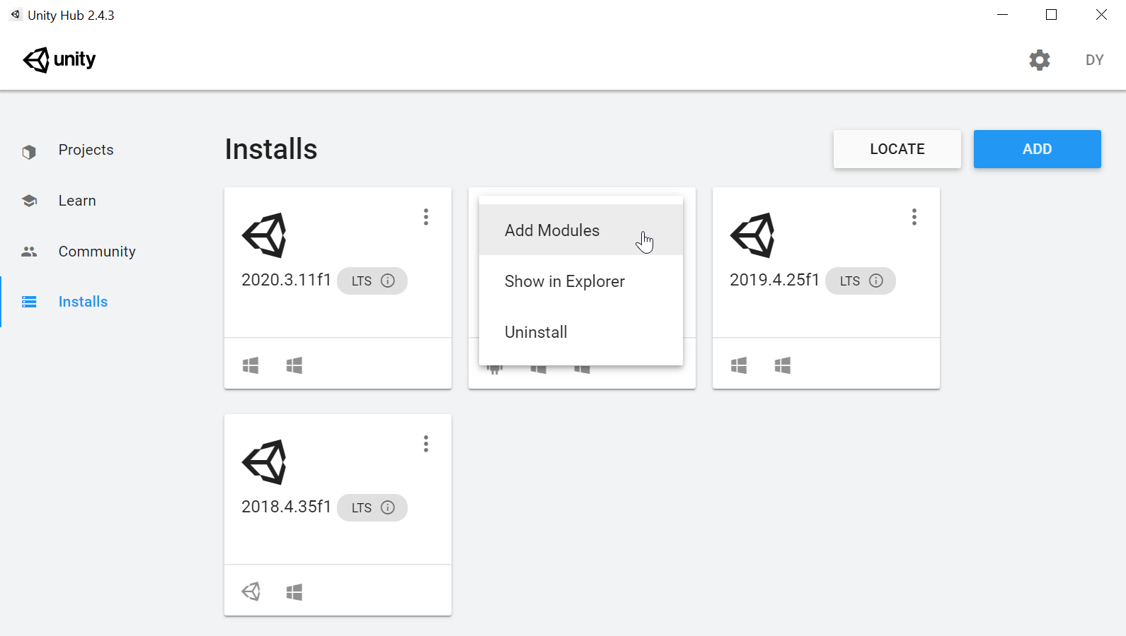 Opzione Di supporto per la compilazione di Windows unity