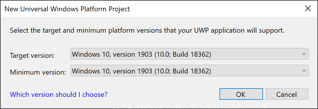 Screenshot dell'impostazione Windows 10, versione 1903 come versione di destinazione e minima