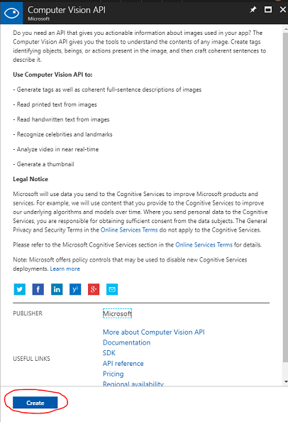 Screenshot che mostra una descrizione del servizio API visione artificiale.