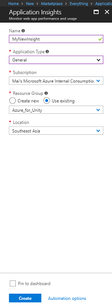 Screenshot della finestra di Application Insights. Il nome e il tipo di applicazione sono evidenziati.