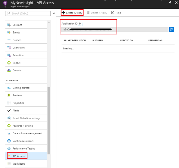 Screenshot che mostra le funzioni del servizio, L'accesso A P I è evidenziato. Nel riquadro principale vengono evidenziati i valori di Create A P I Key e Application I D .