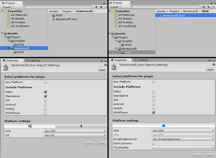 Screenshot di quattro visualizzazioni dei pannelli Progetto e Controllo che mostrano i risultati della configurazione della cartella Newtonsoft e delle selezioni del plug-in.
