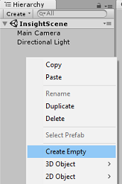 Screenshot del pannello Gerarchia. È selezionata l'opzione Crea vuoto.