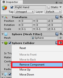 Screenshot del pannello Inspector (Controllo), l'icona a ingranaggio e Remove Component (Rimuovi componente) sono evidenziati nella sezione Sphere Collider (Collisore sfera).