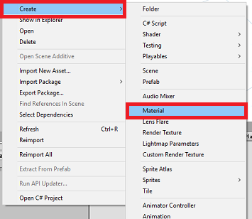 Screenshot del pannello Progetto con l'opzione Crea e Materiale evidenziata.