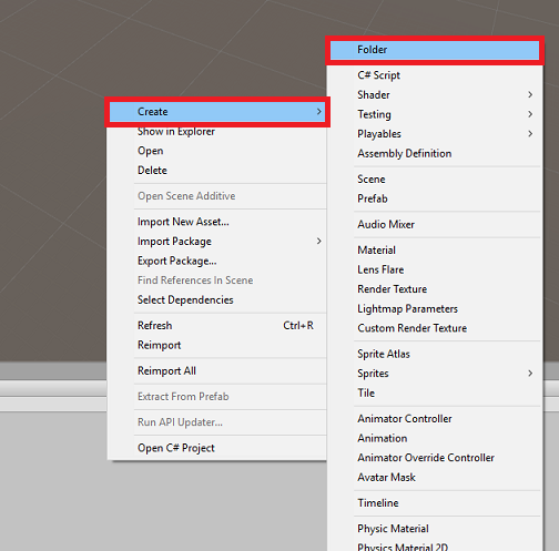 Screenshot che mostra due menu con Create e Folder evidenziati.