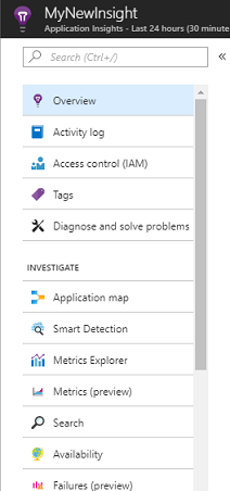 Screenshot del pannello MyNewInsight che mostra l'elenco di opzioni. Esplora metriche è elencato nella sezione Analisi.