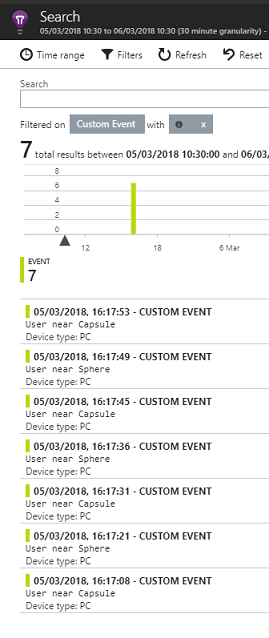 Screenshot del pannello Cerca che mostra i risultati di un filtro eventi personalizzato.