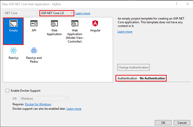 Screenshot che mostra la finestra Nuova applicazione Web A S P dot N E T Core.
