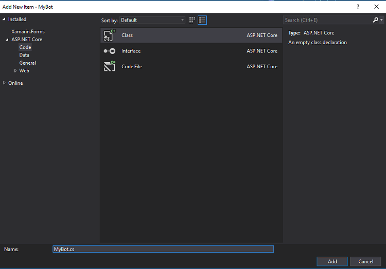 Screenshot che mostra la nuova creazione della classe 'MyBot'.
