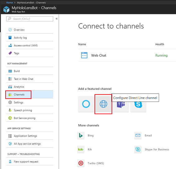 Screenshot che mostra il canale Configura Direct Line evidenziato in MyHoloLensBot.