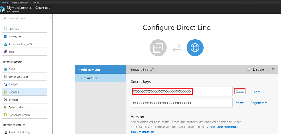 Screenshot delle chiavi segrete evidenziate nel canale Configure Direct Line di MyHoloLensBot.