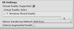 Screenshot che mostra la realtà virtuale supportata abilitata e Windows Mixed Reality aggiunto S D K.