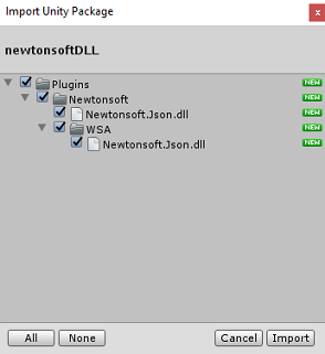 Screenshot della casella popup Importa pacchetto Unity con l'opzione 