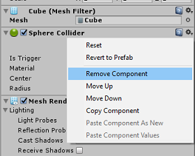 Screenshot del menu Sphere Collider. È selezionata l'opzione Rimuovi componente.