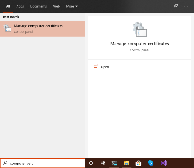 Trova lo strumento dei Certificati del computer locale dal menu Start
