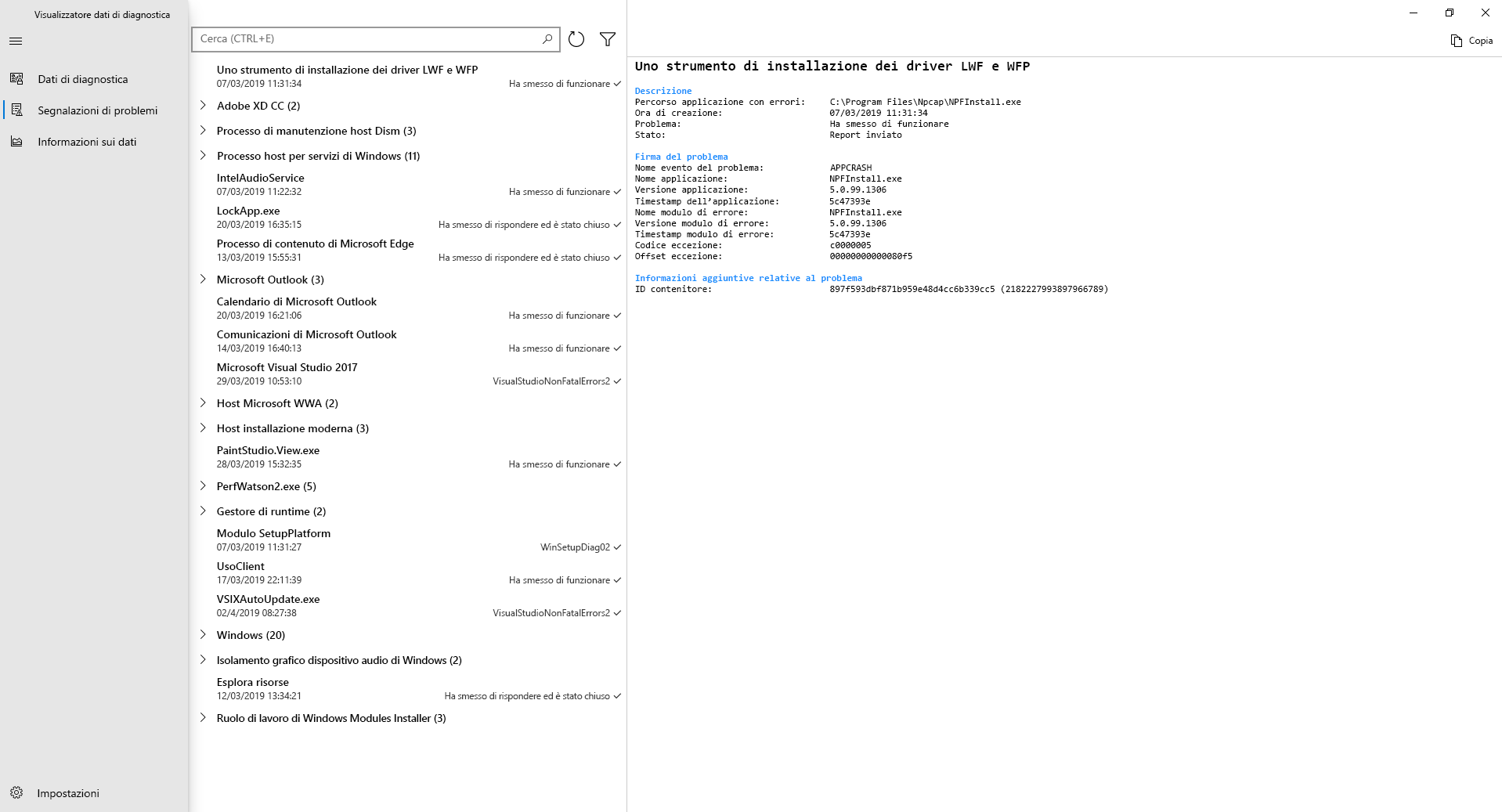 Screenshot della sezione 
