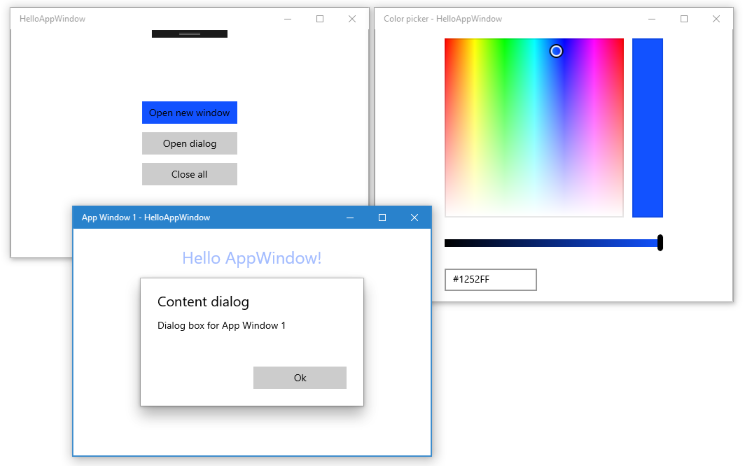 'app di esempio con selezione colori non ancorati e finestra secondaria