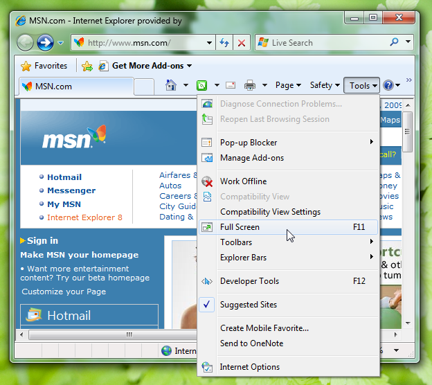 screenshot della finestra con la voce di menu a schermo intero 