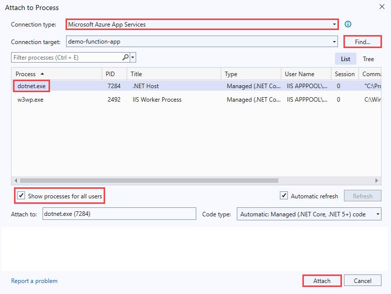 [プロセスにアタッチ] ダイアログのスクリーンショット。接続の種類は Microsoft Azure App Services です。プロセス テーブルで、dotnet.exe が選択されています。