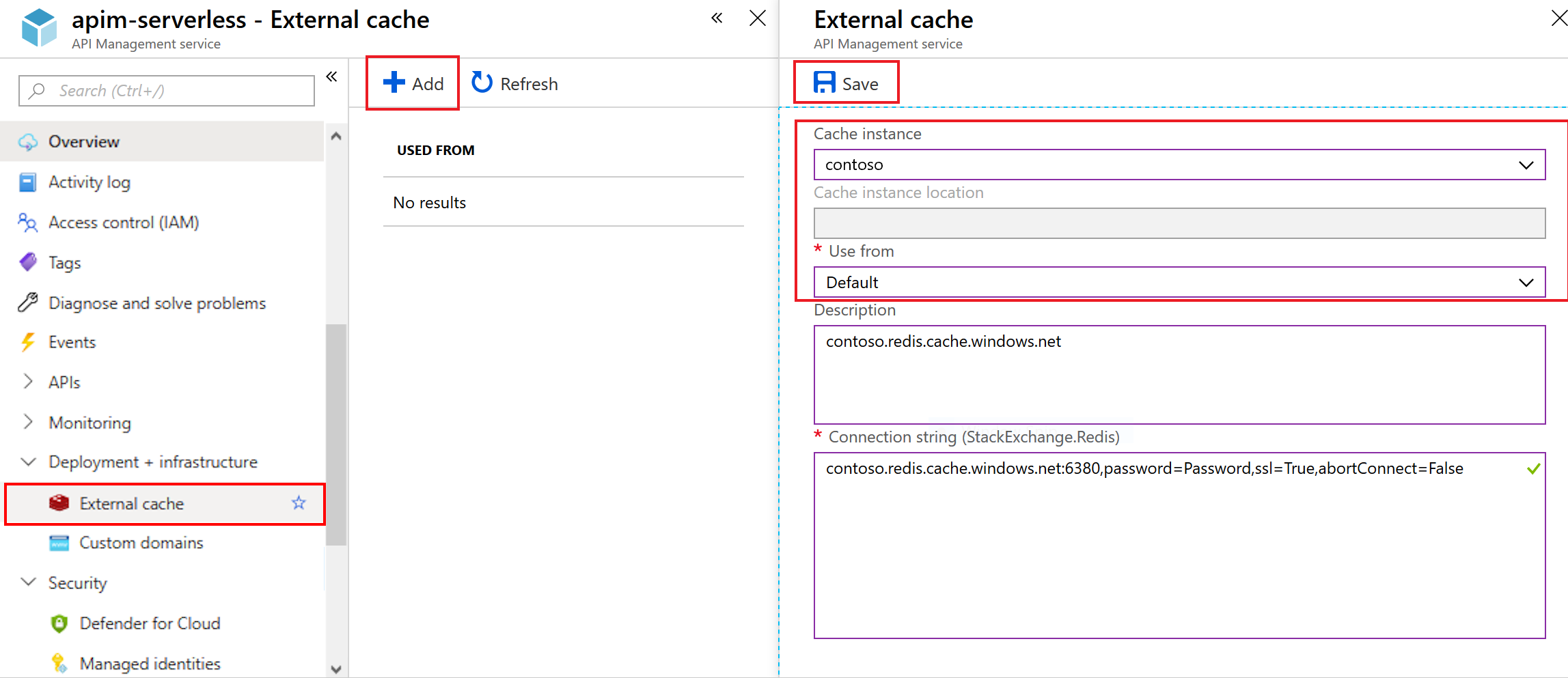 Azure API Management で外部の Azure Managed Redis キャッシュを追加する方法を示すスクリーンショット。