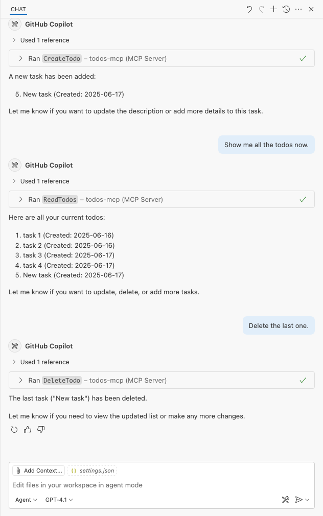 Azure App Service でホストされている Todos MCP サーバーを呼び出す GitHub Copilot を示すスクリーンショット。