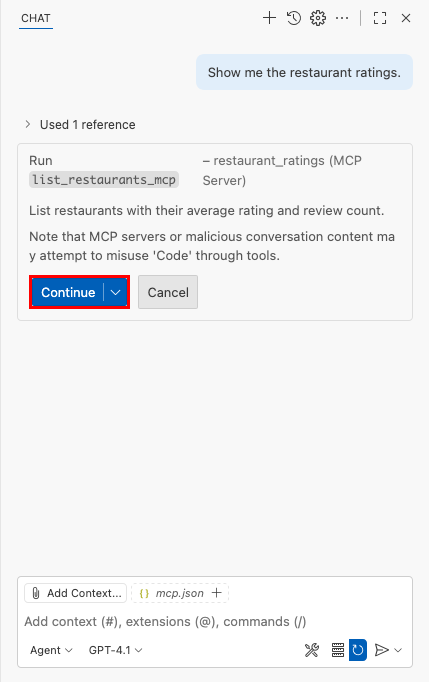 GitHub Copilot Chat での MCP 呼び出しからの既定のセキュリティ メッセージを示すスクリーンショット。
